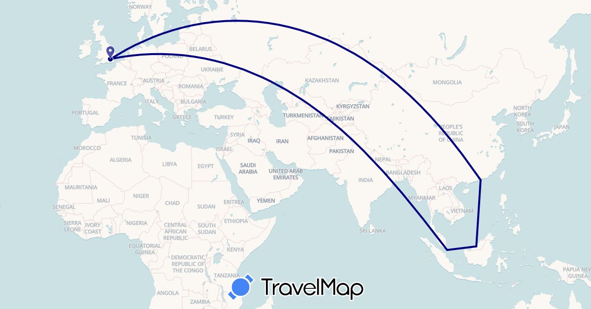 TravelMap itinerary: driving in China, United Kingdom, Malaysia, Singapore (Asia, Europe)